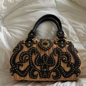 Isabella Fiore Wicker Woven Barrel Satchel with Black Studded Leather Trim